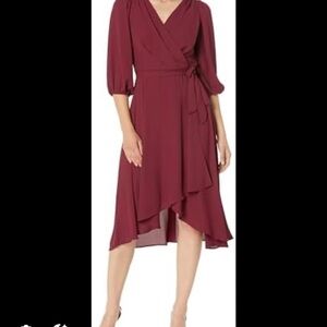 DKNY Elegant Burgundy Faux Wrap Midi Dress